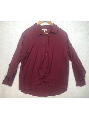 Maurices Button Front Blouse Maroon Burgundy Knot Front Long Sleeved Women's XL